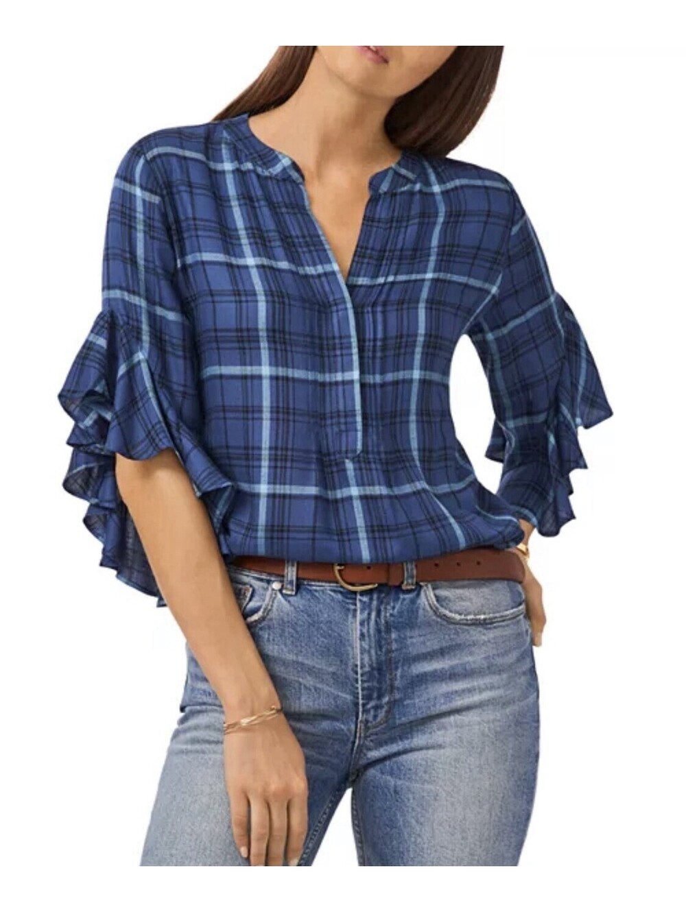 Vince Camuto Women’s V-Neck 3/4 Sleeve Flutter Sleeve Blouse Size Small Blue